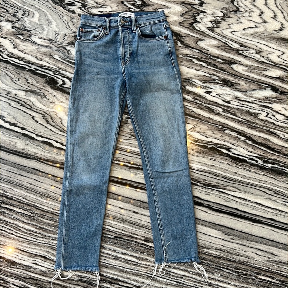 Redone size 23 medium blue high waisted grey hem jeans